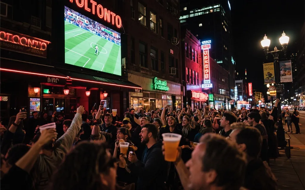 多伦多夜晚街区观赛氛围,人群在酒吧外看大屏,城市灯光与热闹交织